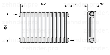Схема (чертеж) Радиатор Zehnder Charleston 3057/12 №1670 Белый глянцевый RAL 9016